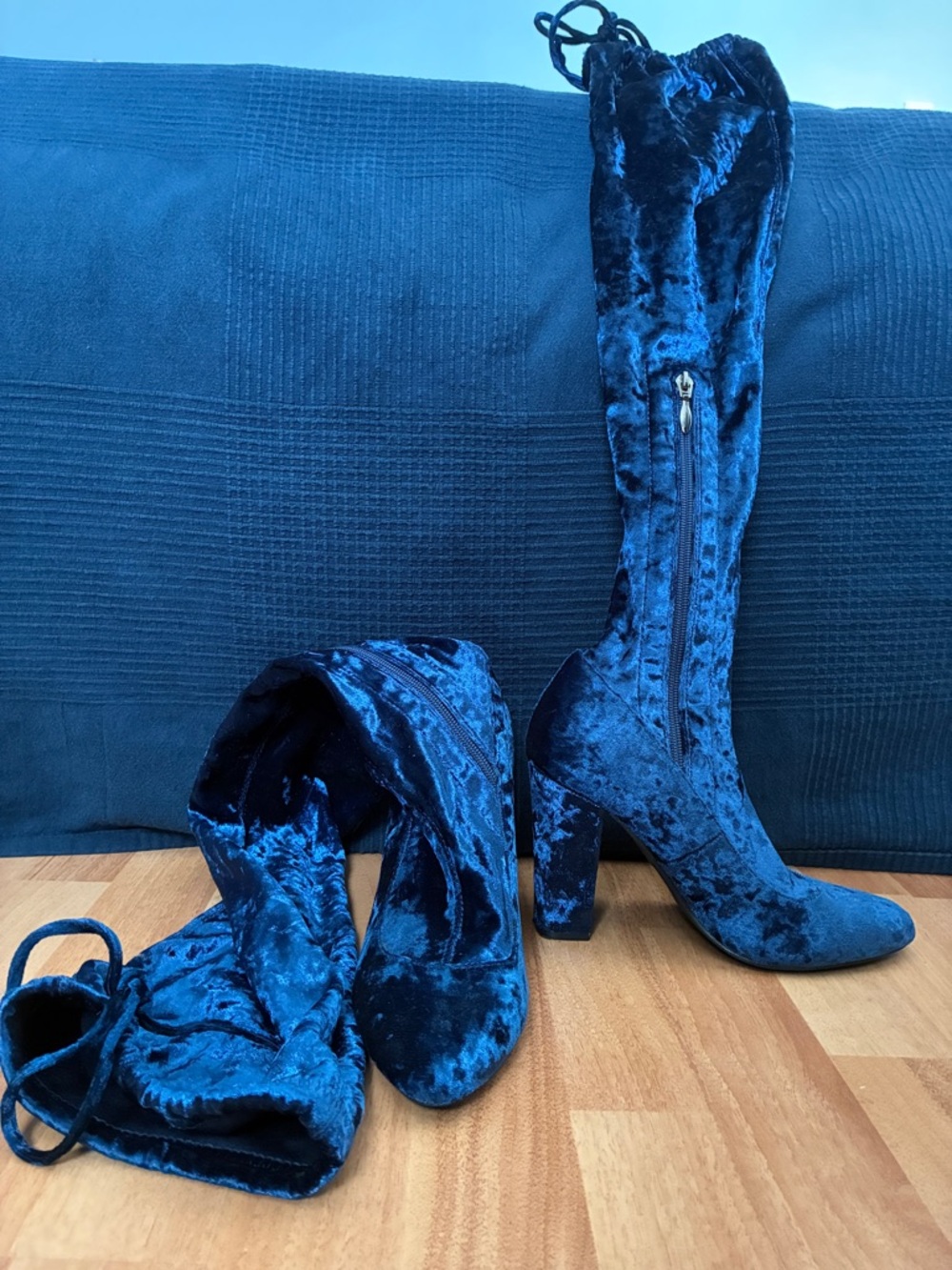 Forever 21 Blue Velvet Over-the-Knee Heeled Boots
